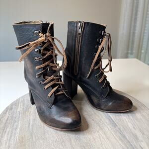 freebird Black with Brown Accent Leather Lace-Up Heeled Boots